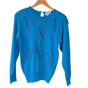 VTG 80’s Andrea Gayle Women’s Sz S Blue Embellished Pearl Embroidered Sweater